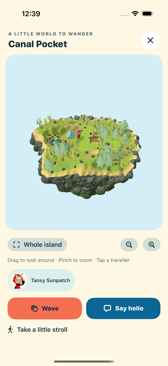 The running iPhone prototype shows a green floating island, trees, paths, a tent and a tiny Ladybug traveller.